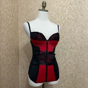 Red & Black Vampy Lace Trim Full Length Corset Bustier Top